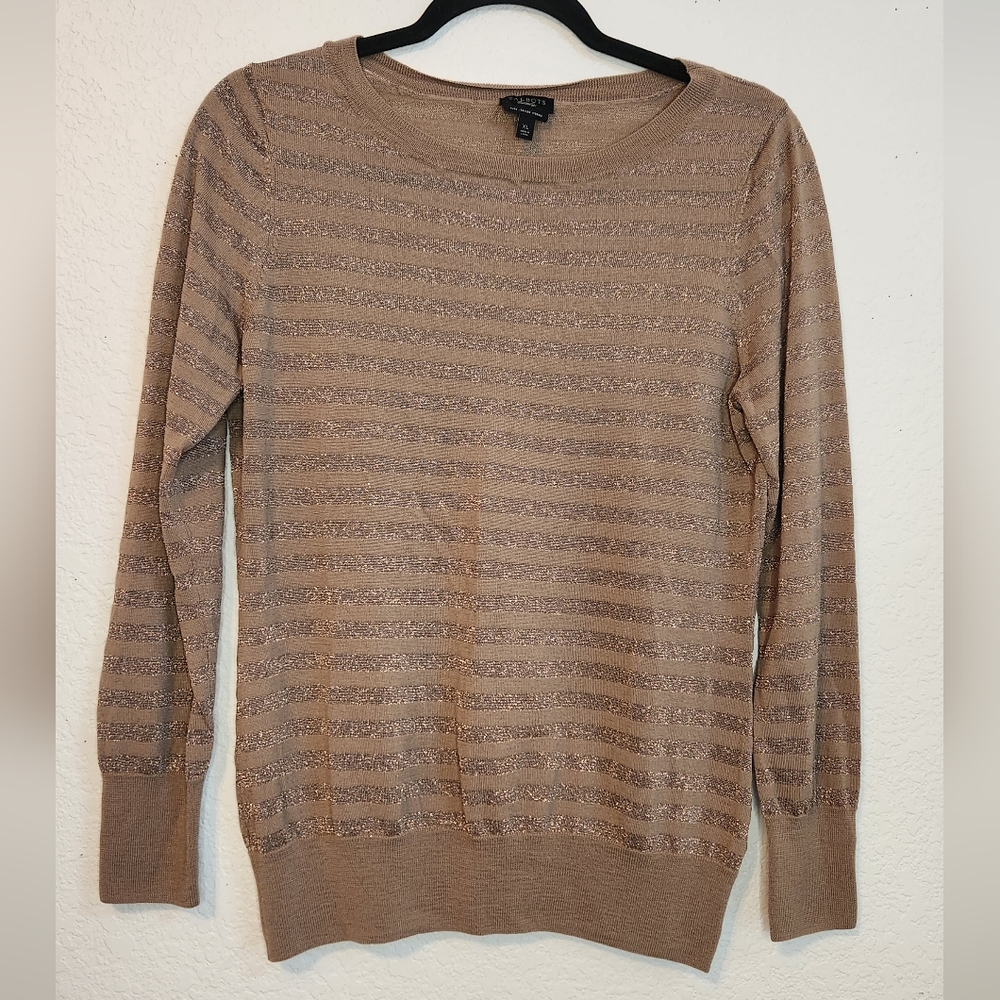 Talbots Semi-Sheer Metallic Stripe Merino Wool Blend Crewneck Sweater, Size XL